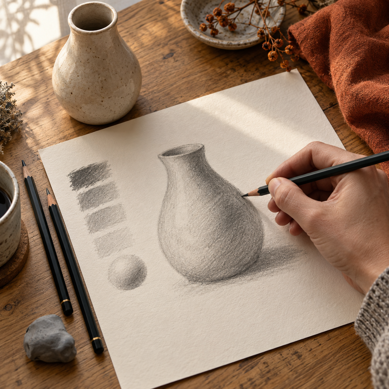 Illustrative drawing workspace with graphite pencils and a shaded vase sketch; not a student result